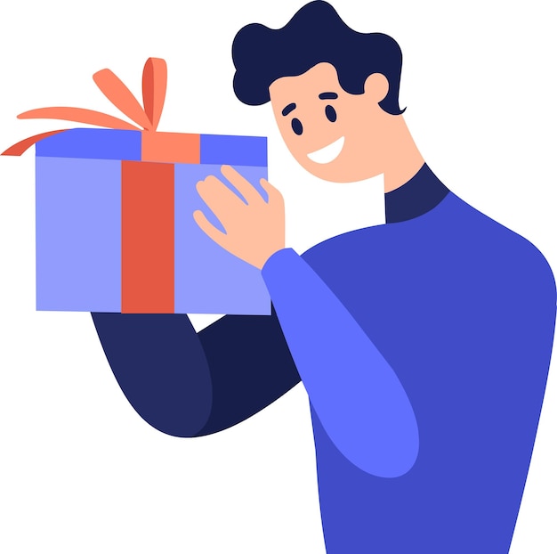 Hand Drawn man with gift in the concept of gift giving in flat style isolated on background