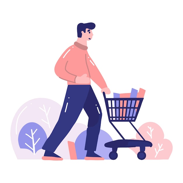 Hand Drawn man with shopping cart in flat style