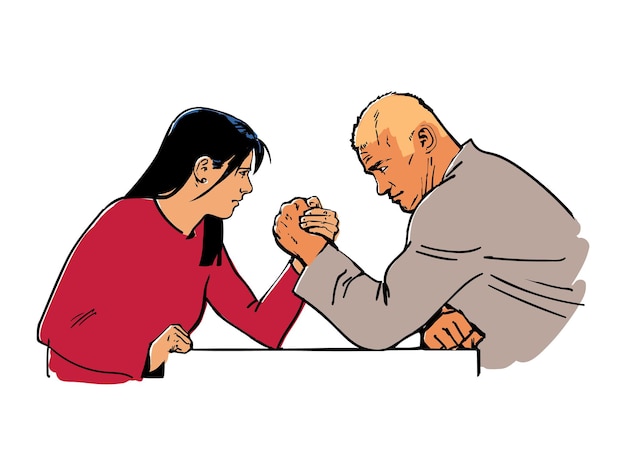 Vector hand drawn man and woman do arm wrestling