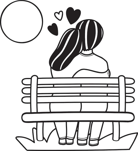 Hand drawn man and woman sitting on a bench at sunset illustration