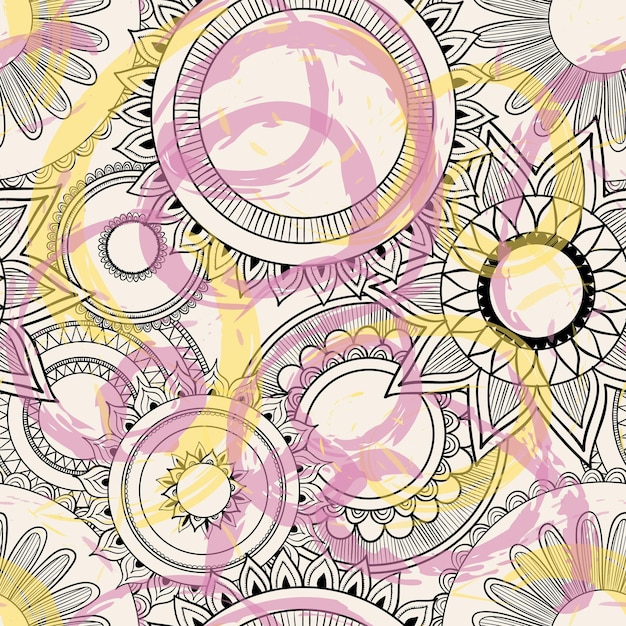 Hand drawn mandala seamless pattern with pink and yellow ink strokes vector illustration