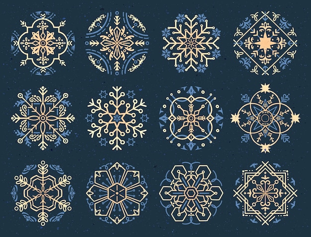 Vector hand drawn mandala snowflake decorative elements.