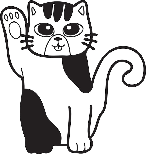 Hand Drawn Maneki Neko or lucky striped cat illustration in doodle style
