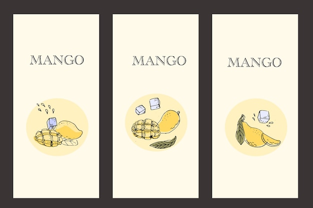 Hand drawn Mango fruit labels or posters with ice