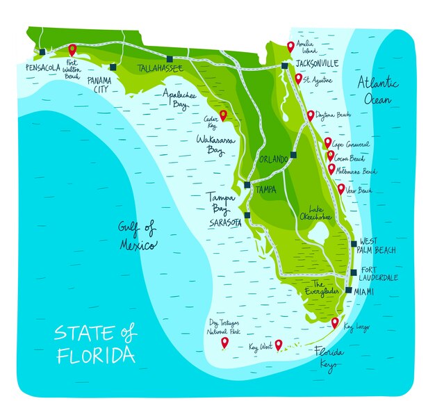 Vector hand drawn map of florida with main cities.
