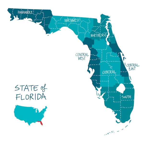 Hand drawn map of florida with regions and counties