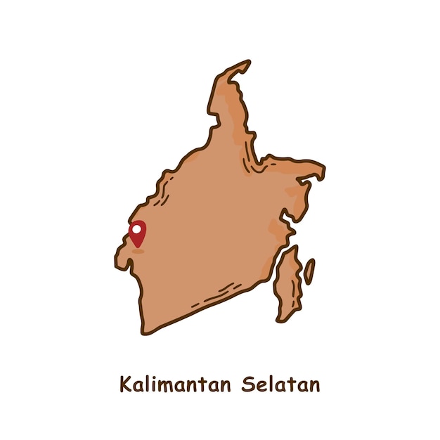 Mappa disegnata a mano della provincia di kalimantan selatan in indonesia design di cartoni animati moderni a linea semplice