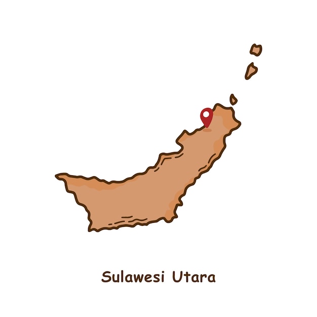 ベクトル インドネシアのスラウェシ・ウタラ省の手描き地図 モダン・シンプル・ライン・アニメデザイン
