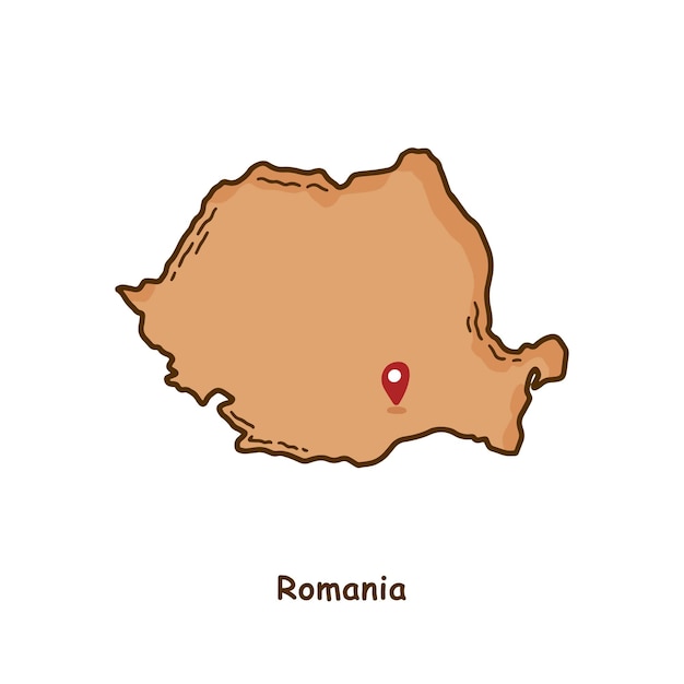 Ручная рисованная карта Румынии с коричневым цветом Современный простой линейный карикатурный дизайн