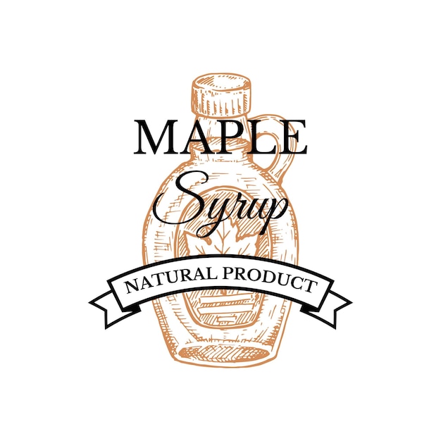 Hand drawn Maple syrup logo. Vector illustration in sketch style