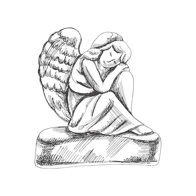 Hand drawn marble tombstone sketch of sad angel sitting with his head on his knees