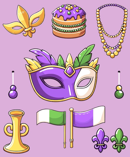 Collezione di elementi del festival del mardi gras disegnati a mano