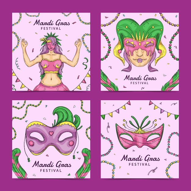 Vector hand drawn mardi gras instagram posts collection