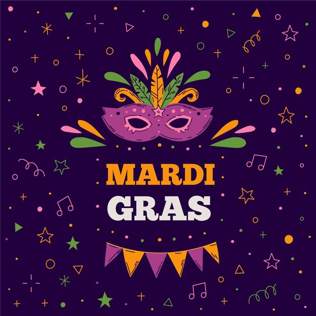 Vector hand drawn mardi gras text with mask illustrated