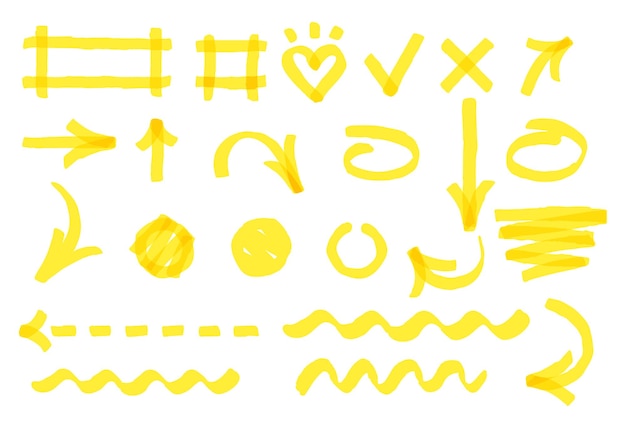手描きのマーカーストローク 明るい黄色のマーカーのさまざまな形状 手描きの点線と波線の矢印と線