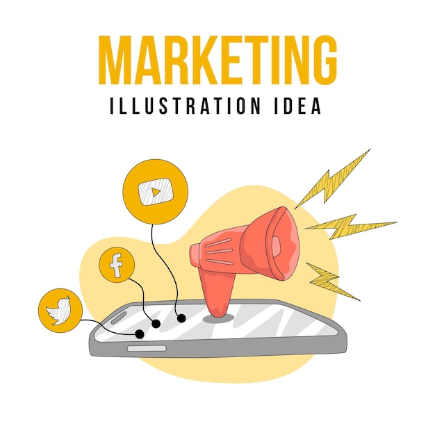 ソーシャル メディアを使った手描きのマーケティング コンセプト イラスト
