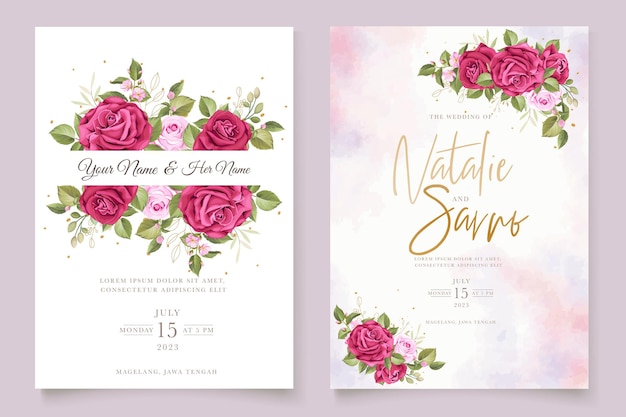 hand drawn maroon roses wedding invitation card set