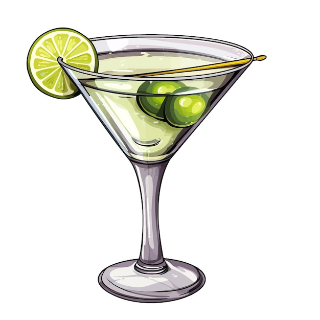 Hand drawn martini cocktail cartoon vector illustration clipart white background