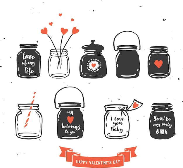 Vector hand drawn mason jar collection, love quotes