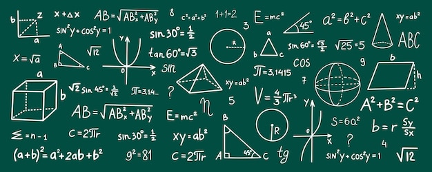 Vector hand drawn math symbols. math symbols on green background. sketch math symbols