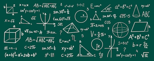 Simboli matematici disegnati a mano. simboli matematici su sfondo verde. simboli matematici di schizzo