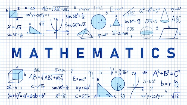 手描きの数学記号ノートブックページの背景に数学記号スケッチ数学記号