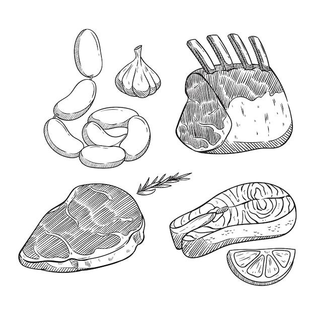 黒と白の色で手描きの肉ステーキ