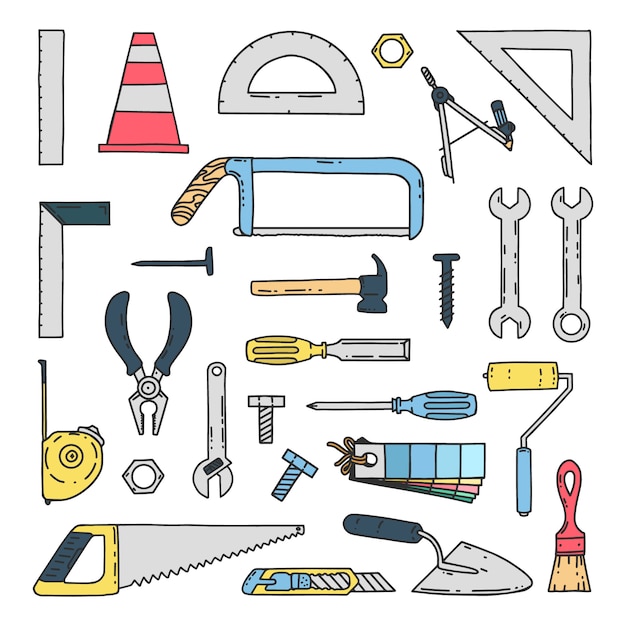 Hand Drawn Mechanical Construction Tools Icons