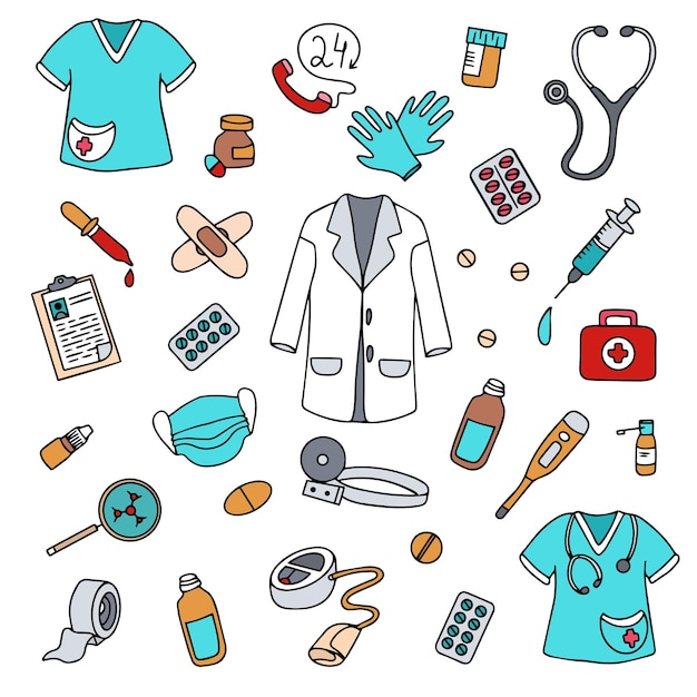 Hand drawn medical and medical drawings healthcare pharmacy medical icons collection vector illustration