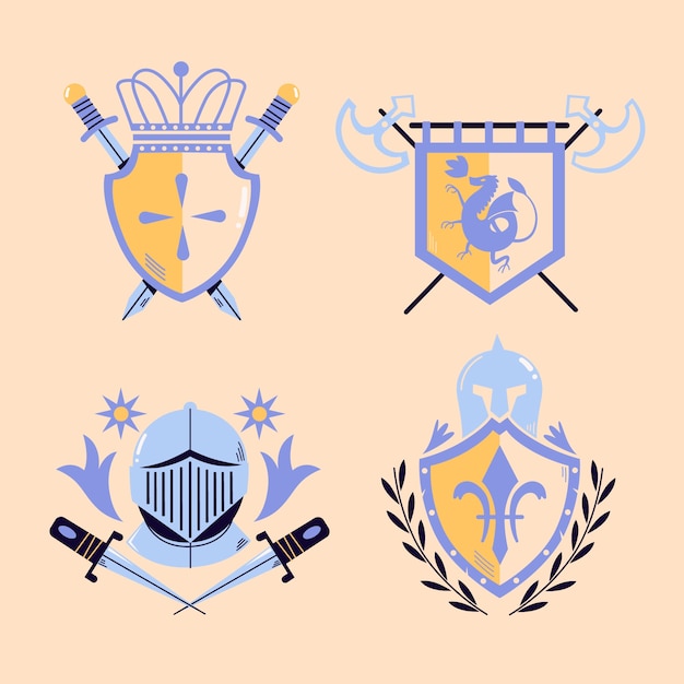 Vector hand drawn medieval knight badge set