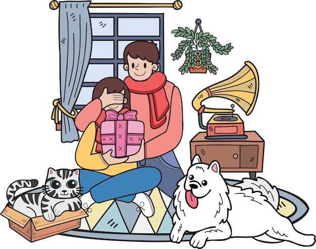 Hand Drawn Men give gifts to women with dogs and cats illustration in doodle style