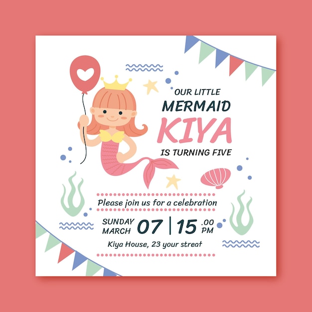 Vector hand drawn mermaid birthday invitation