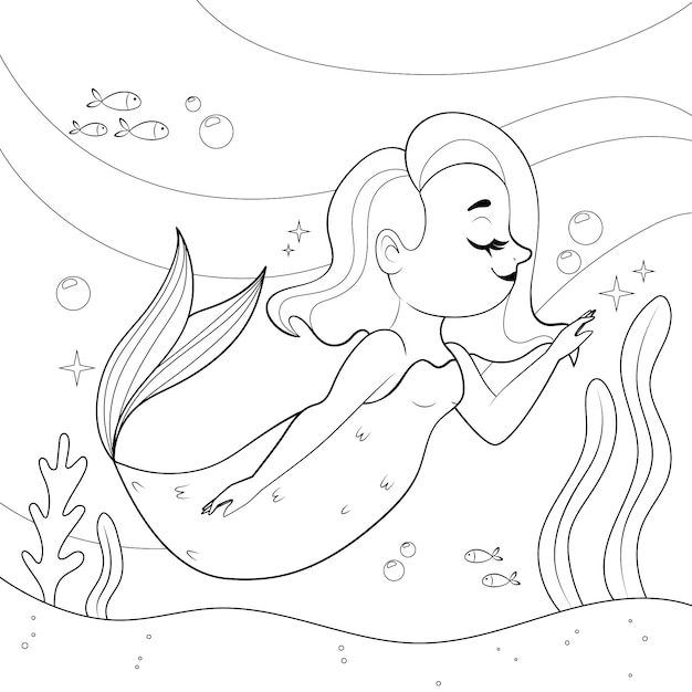 Hand drawn mermaid coloring book illustration