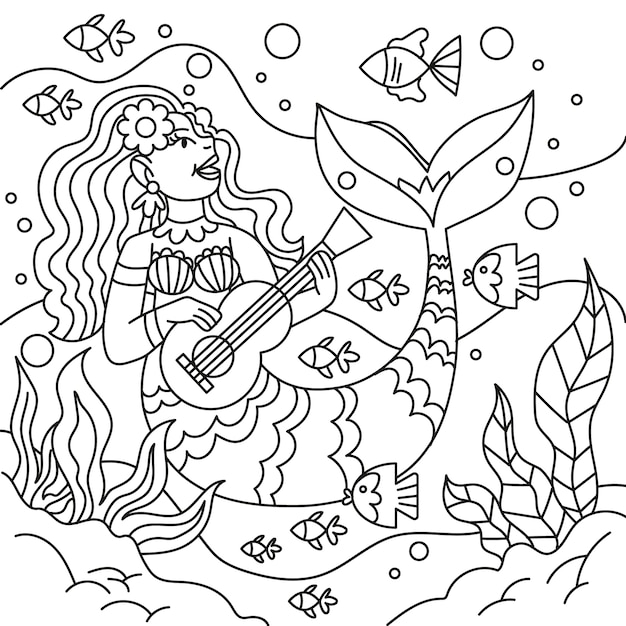 Hand drawn mermaid coloring book illustration