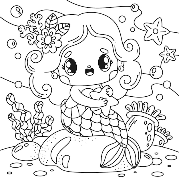 Vettore illustrazione disegnata a mano del libro da colorare della sirena