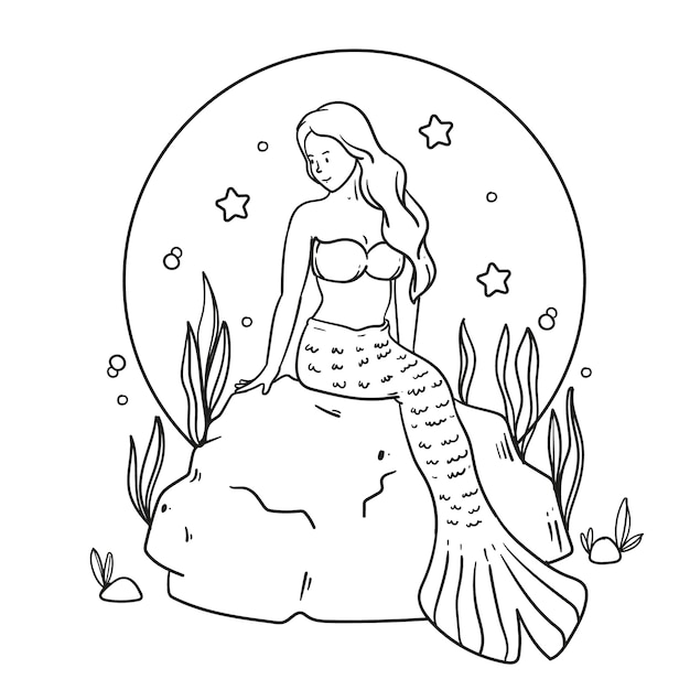 Hand drawn mermaid outline illustration