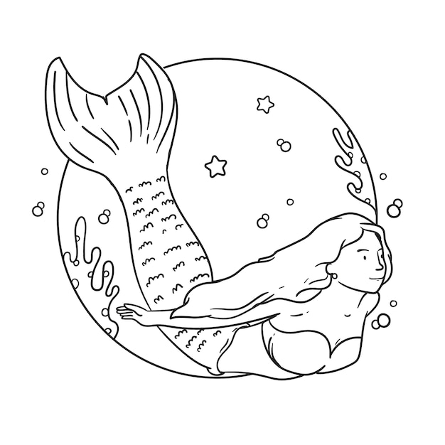 Vector hand drawn mermaid outline illustration