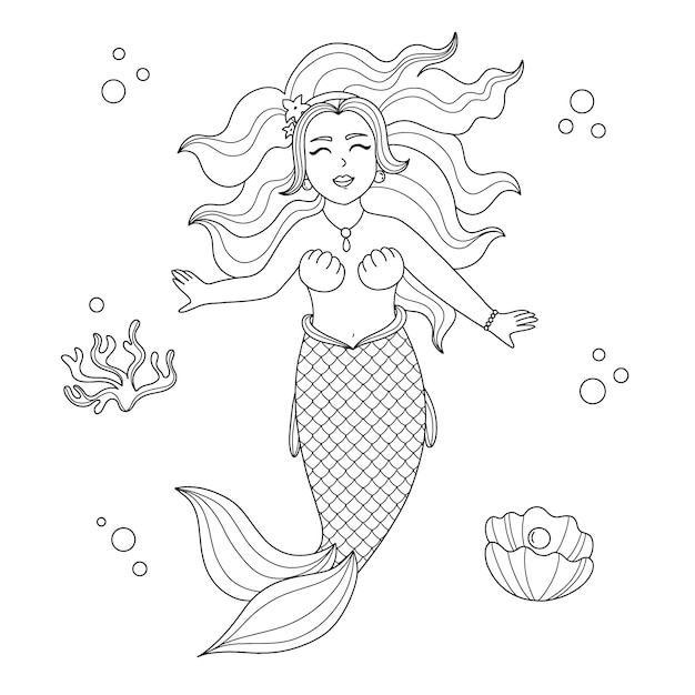 Vector hand drawn mermaid outline illustration