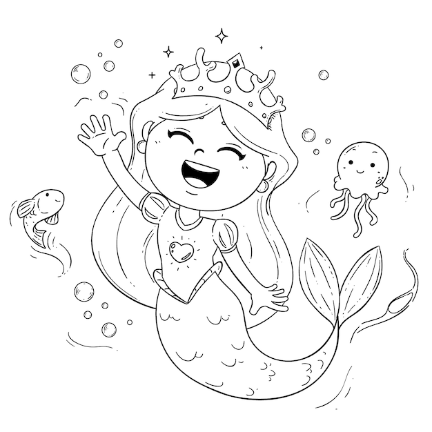 Vector hand drawn mermaid outline illustration