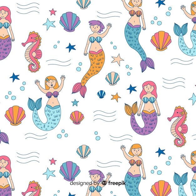 Vector hand drawn mermaid pattern