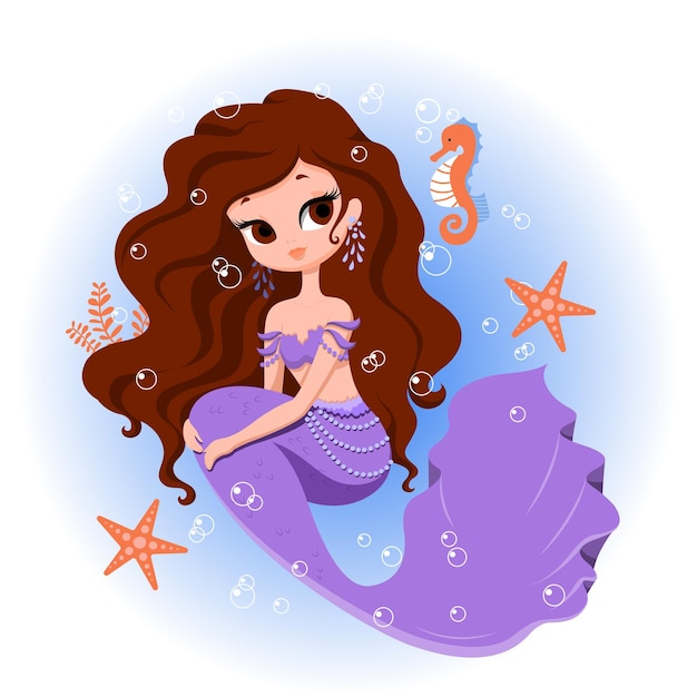 Vector hand drawn mermaid pictures for girls and boys fairy tale characters sea life young girl in water