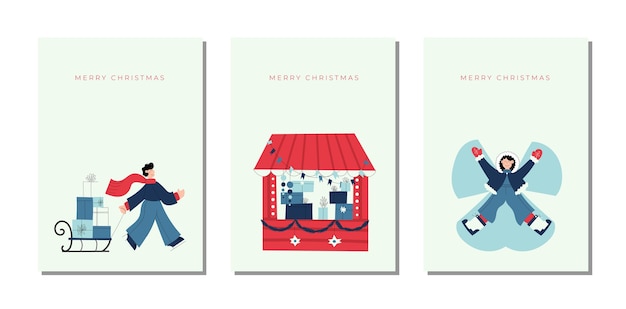 Hand drawn Merry Christmas and Happy New Year cards collection set with cute illustrations of girl making snow angel and boy carrying gift boxes