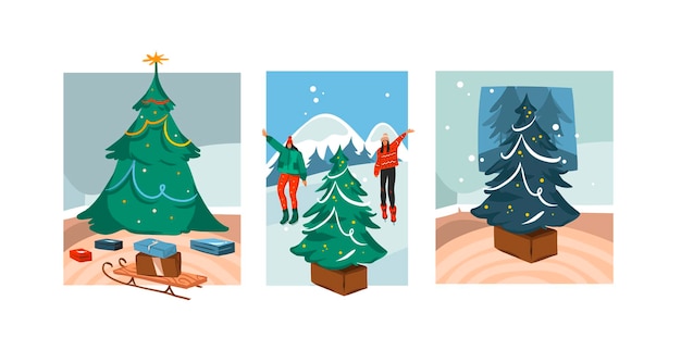 Hand drawn   merry christmas,and happy new year cartoon festive card with cute illustrations of xmas tree scenes collection set