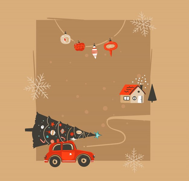 Modello di cartolina d'auguri con illustrazioni di coon vintage tempo disegnato a mano di buon natale e felice anno nuovo con auto e albero di natale decorato su priorità bassa di carta del mestiere