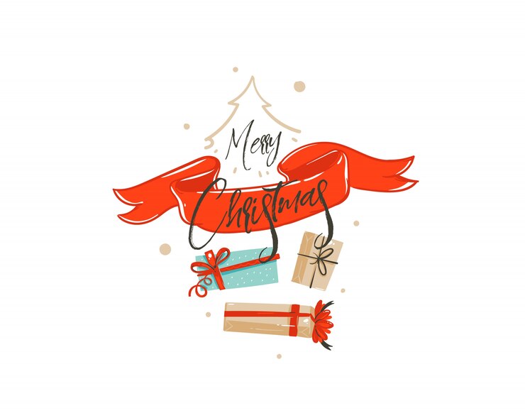 Hand drawn  Merry Christmas shopping time cartoon  greeting illustration card  with many surprise gift boxes,red ribbon and handwritten calligraphy  on white background.
