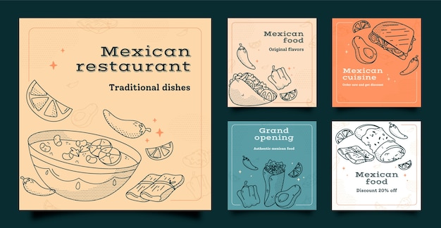 Vector hand drawn mexican restaurant instagram posts collection