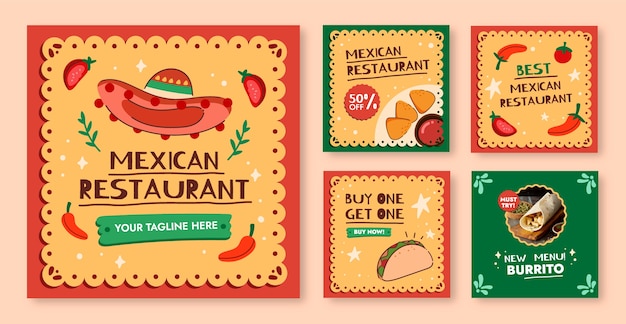 Vector hand drawn mexican restaurant instagram posts set