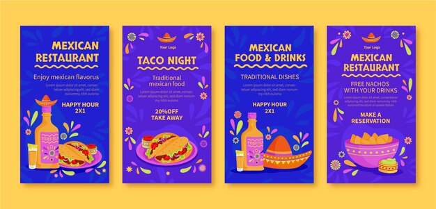 Вектор Нарисованный рукой пакет рассказов instagram мексиканского ресторана