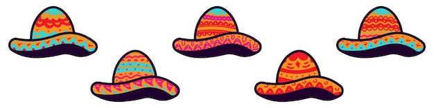 Hand Drawn Mexican Sombrero Hat Vector Illustration Set