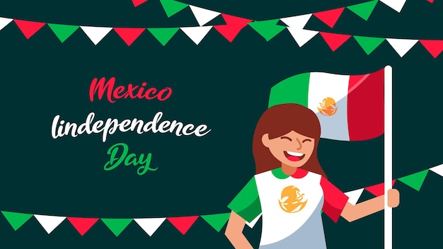 hand drawn mexico independece day banner with women hold flag cartoon illustration